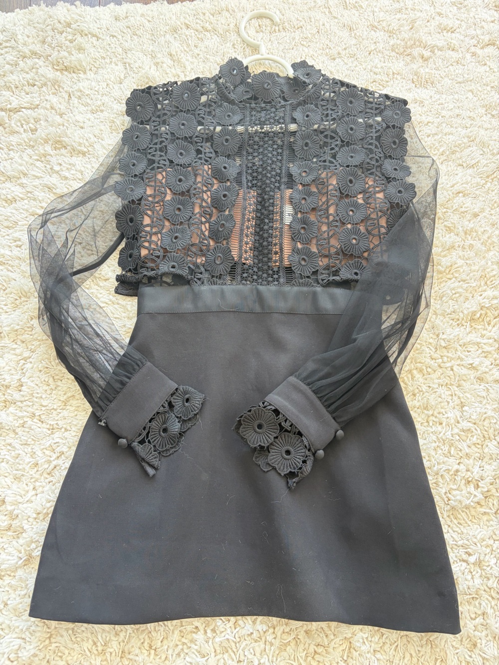 Self-Portrait Black Floral Lace & Sheer Sleeve Mini Dress